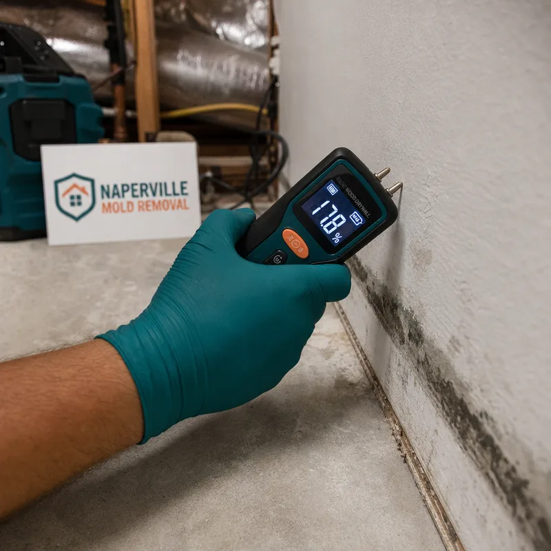 Moisture meter reading on basement drywall near a baseboard during inspection