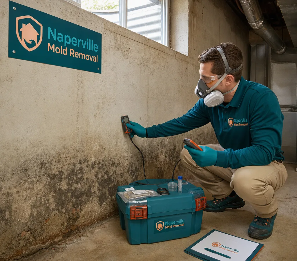 Contractor in protective gear inspecting visible mold growth along a basement wall near a window well with sampling tools and a moisture meter