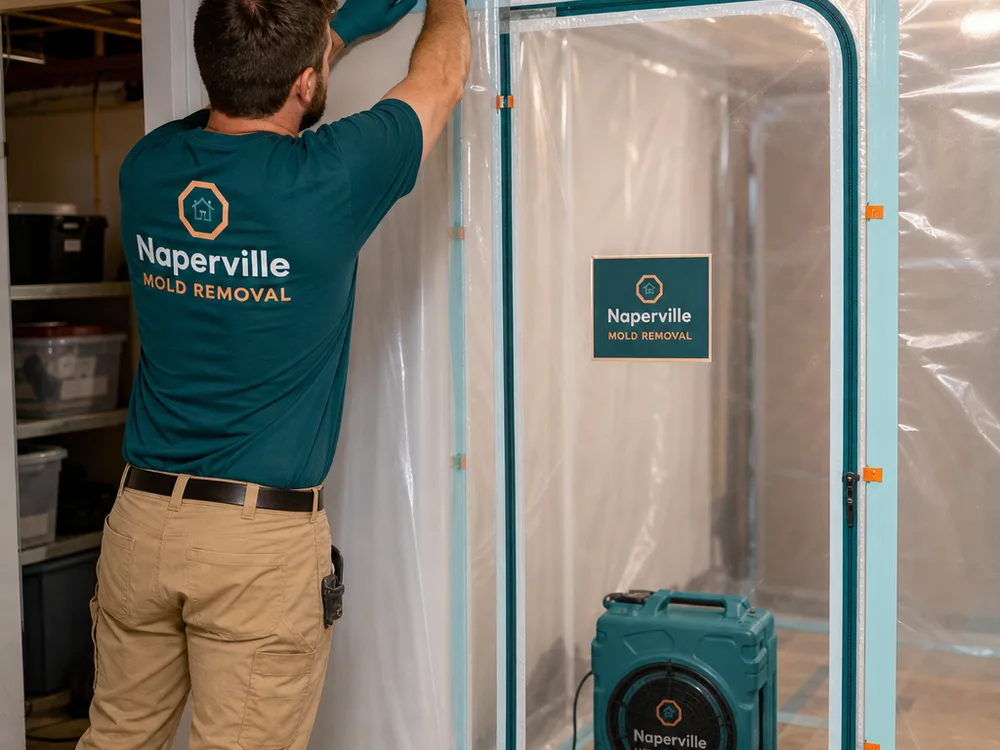 Contractor building a plastic containment wall with zipper door while a HEPA air scrubber runs inside the basement work area