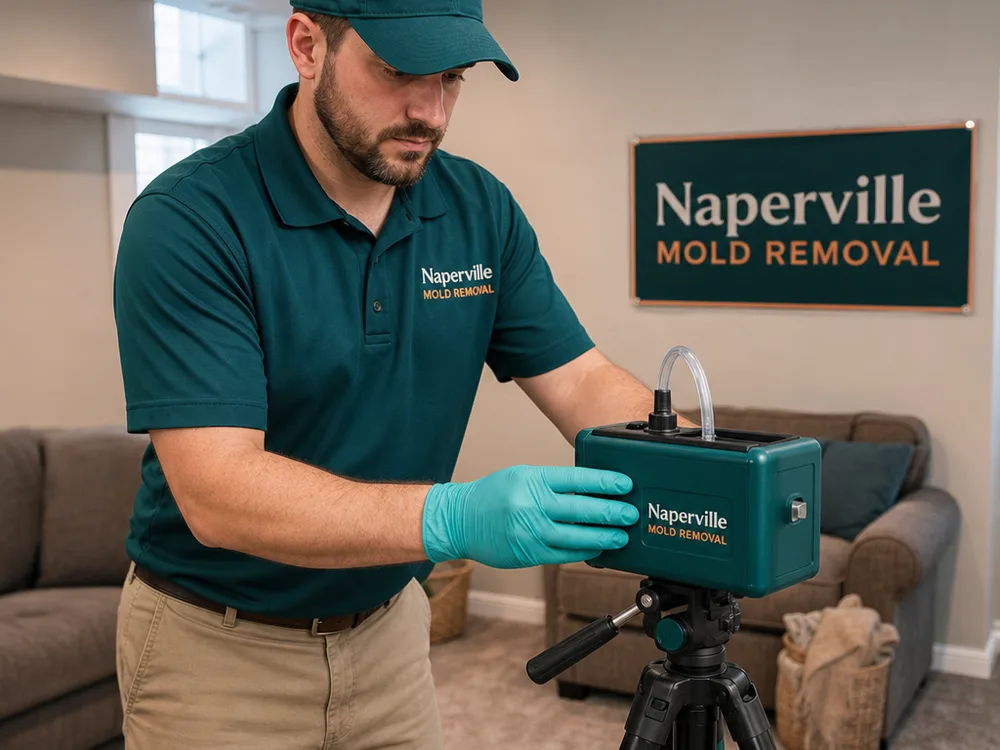 Contractor placing an air sampling pump on a tripod in a finished basement room with carpet and drywall