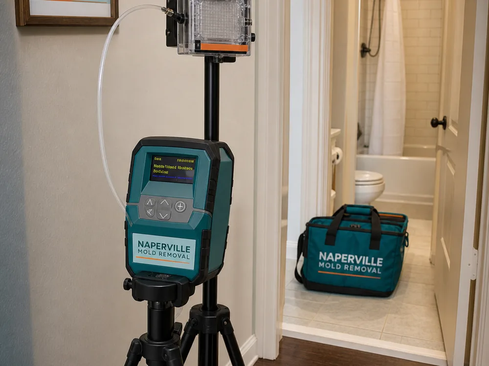 Indoor air sampling pump connected to a cassette mounted on a tripod in a hallway outside a bathroom