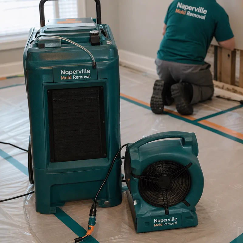 Dehumidifier and air mover positioned with protective floor covering and safely managed power cords