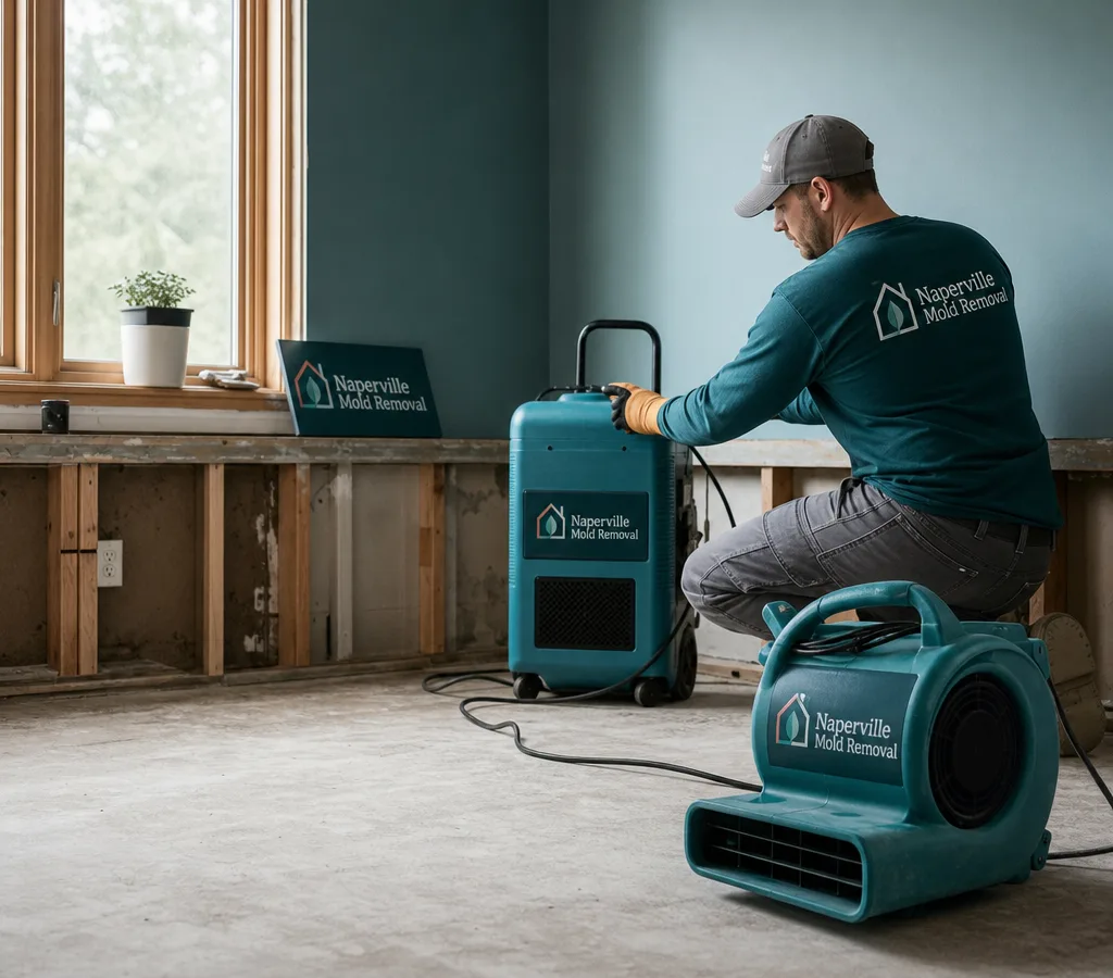 Contractor using an air mover and dehumidifier in a residential room with baseboards removed for drying