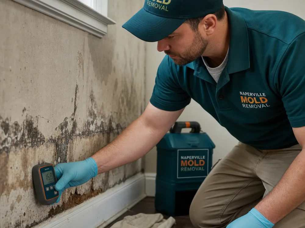 Contractor taking moisture meter readings on drywall and baseboards after a residential leak