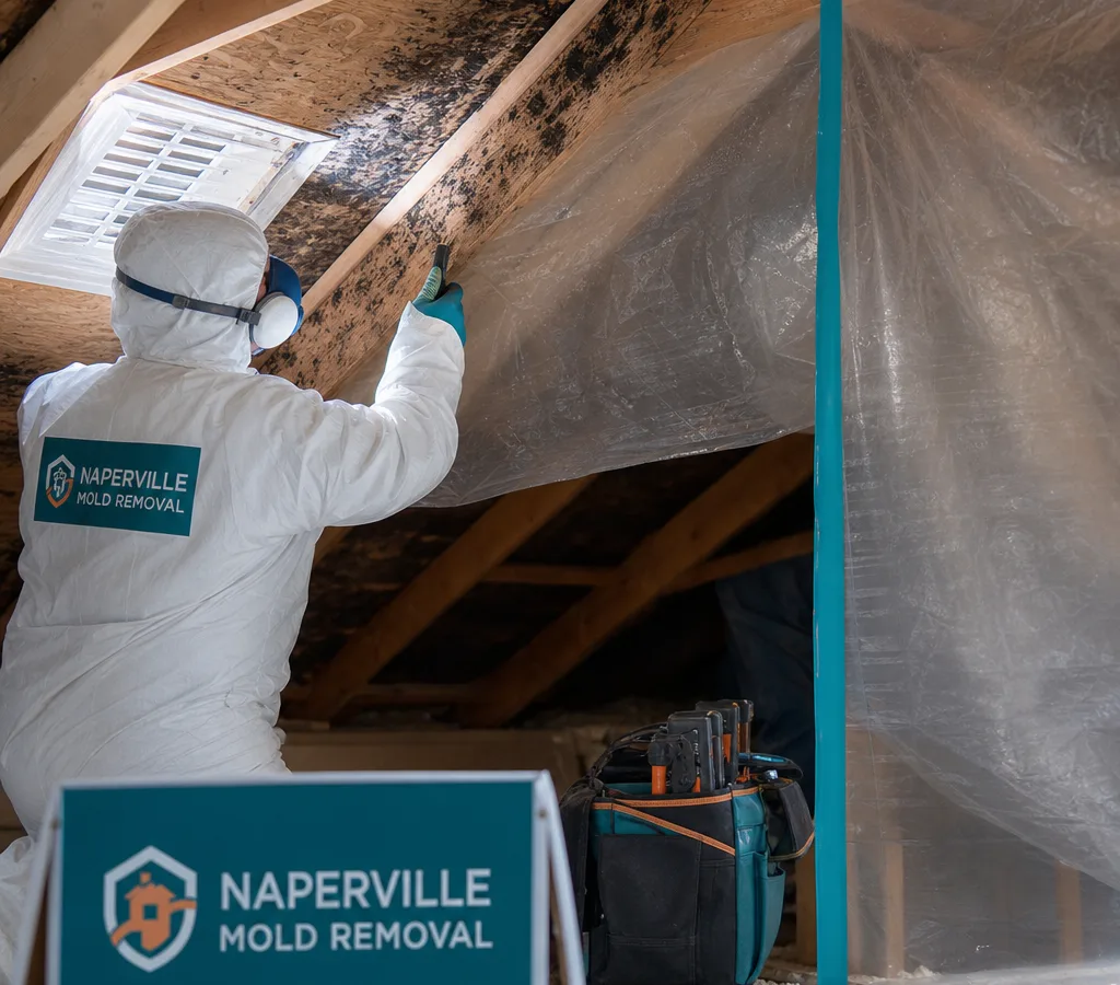 Residential attic with visible mold staining on roof sheathing near a soffit vent and containment sheeting staged nearby