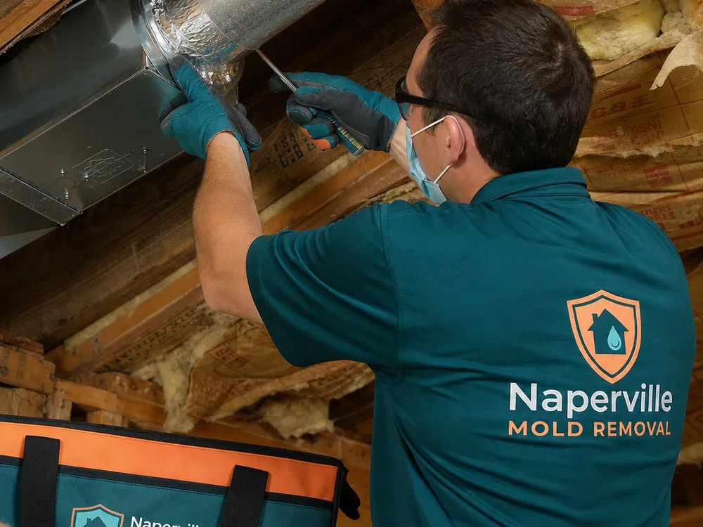 Contractor sealing a bathroom exhaust duct connection with foil tape and mechanical fasteners before routing it to an exterior vent