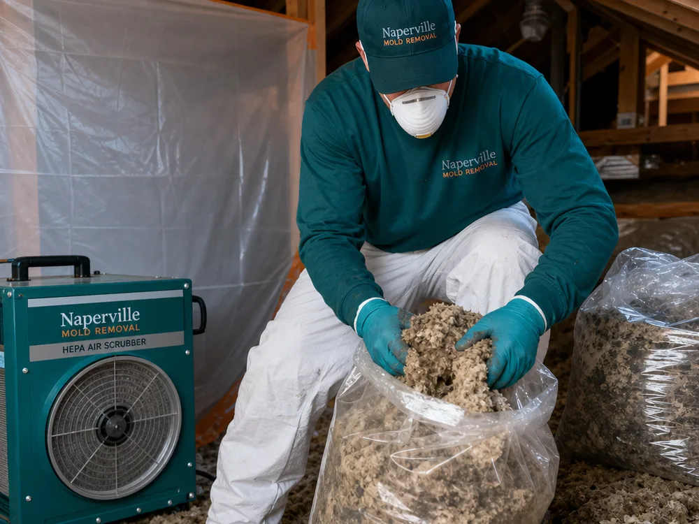 Attic insulation being carefully bagged and removed under containment while a HEPA air scrubber runs nearby