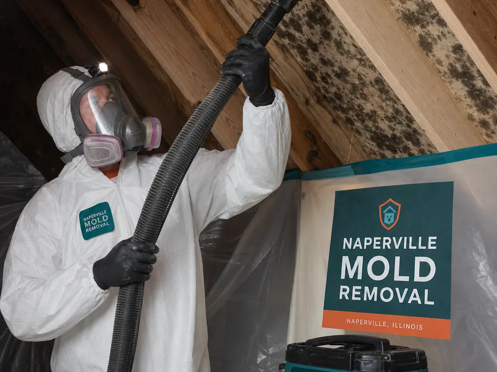 Contractor wearing a respirator and disposable coveralls HEPA-vacuuming attic roof sheathing and framing under temporary containment