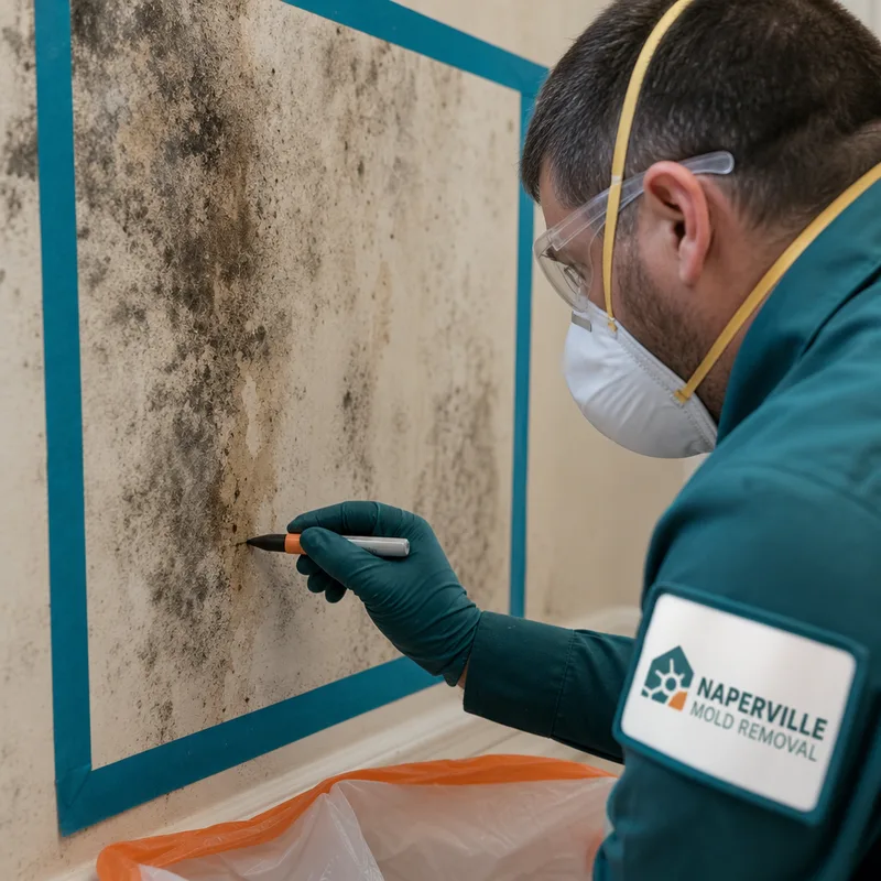 Stained drywall marked for controlled removal and bagging
