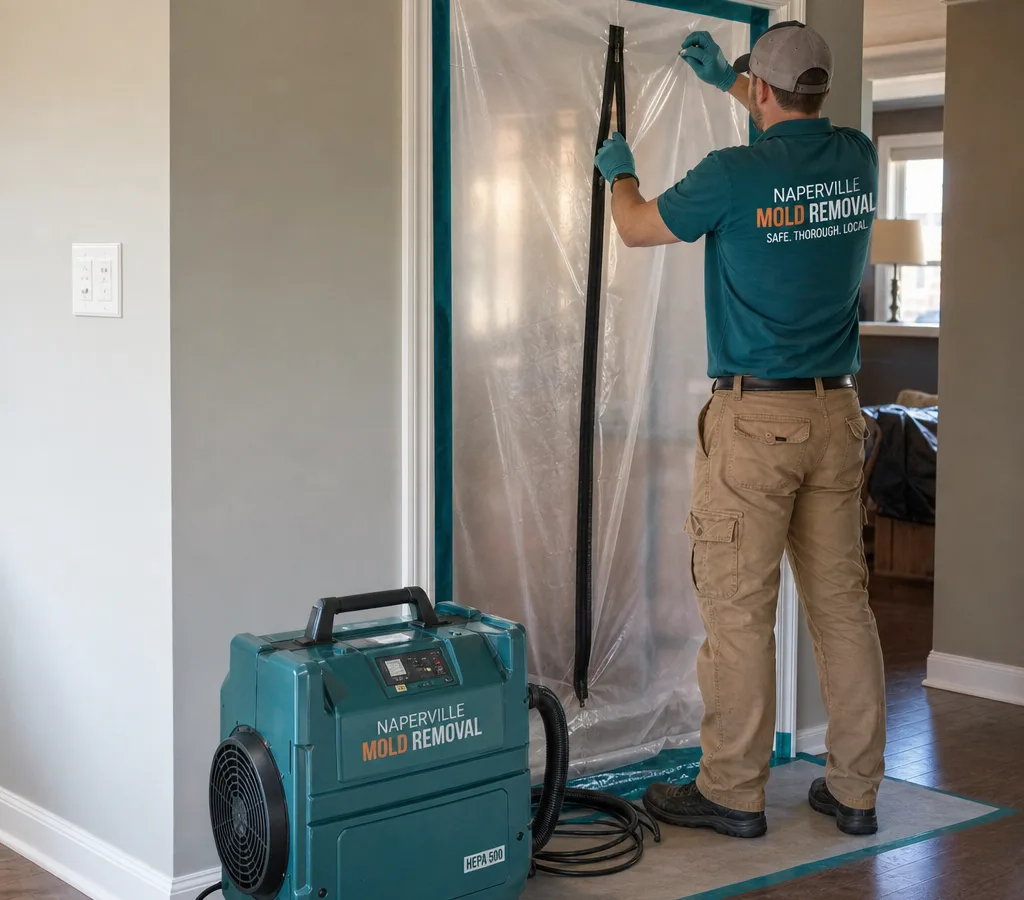 Contractor setting up plastic containment and a negative air machine in a Naperville residence