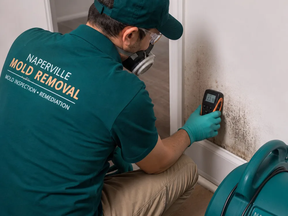 Moisture meter checking stained drywall near a baseboard