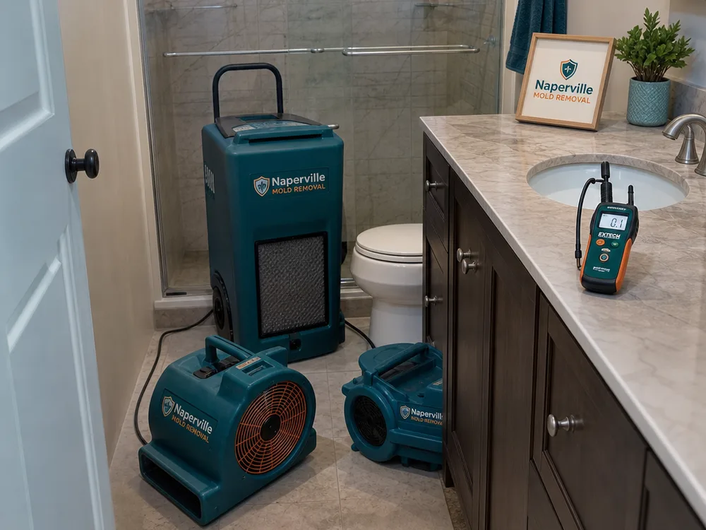 Dehumidifier, air movers, and moisture meter in a bathroom after a leak