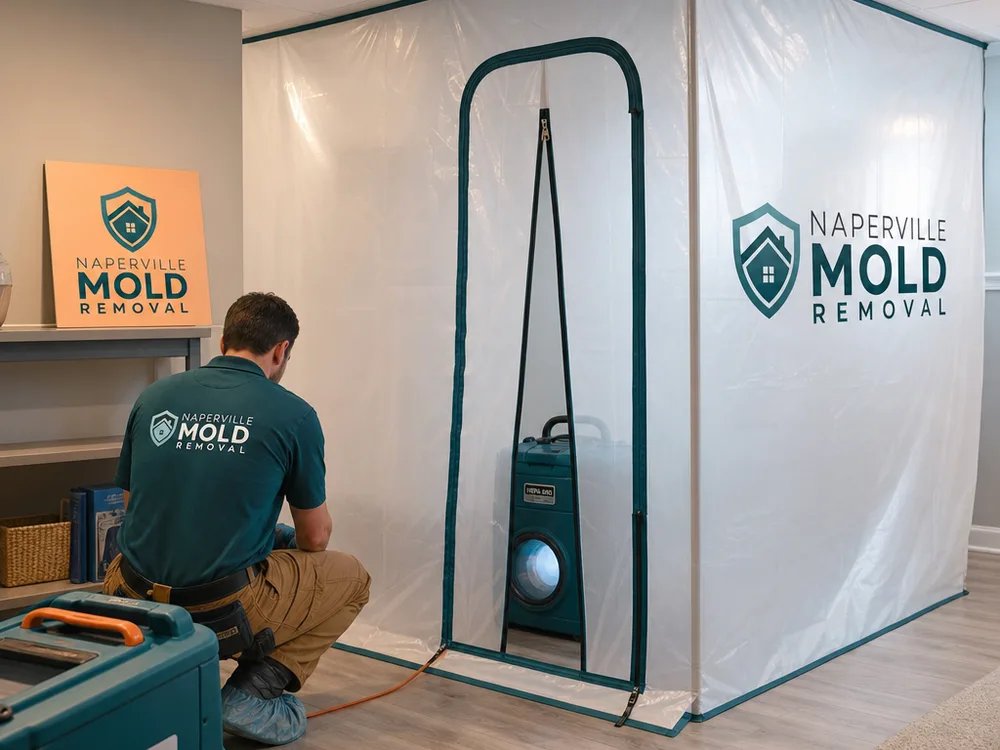 Basement containment wall with zipper door and operating air scrubber