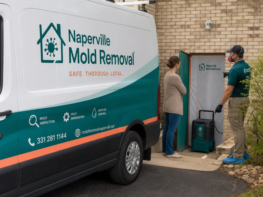 Contractor discussing a basement remediation setup with a homeowner
